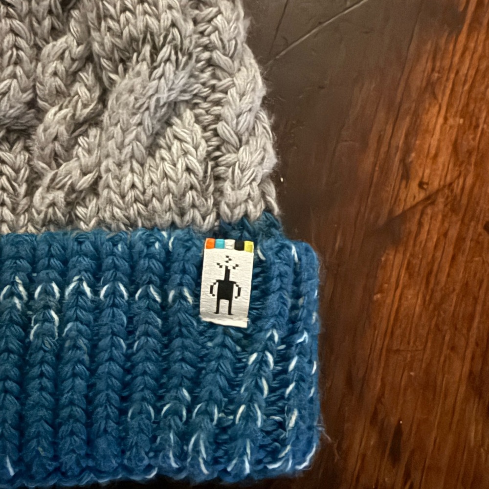 Blue and White Knit Beanie with Pom Pom - Picture 2 of 2